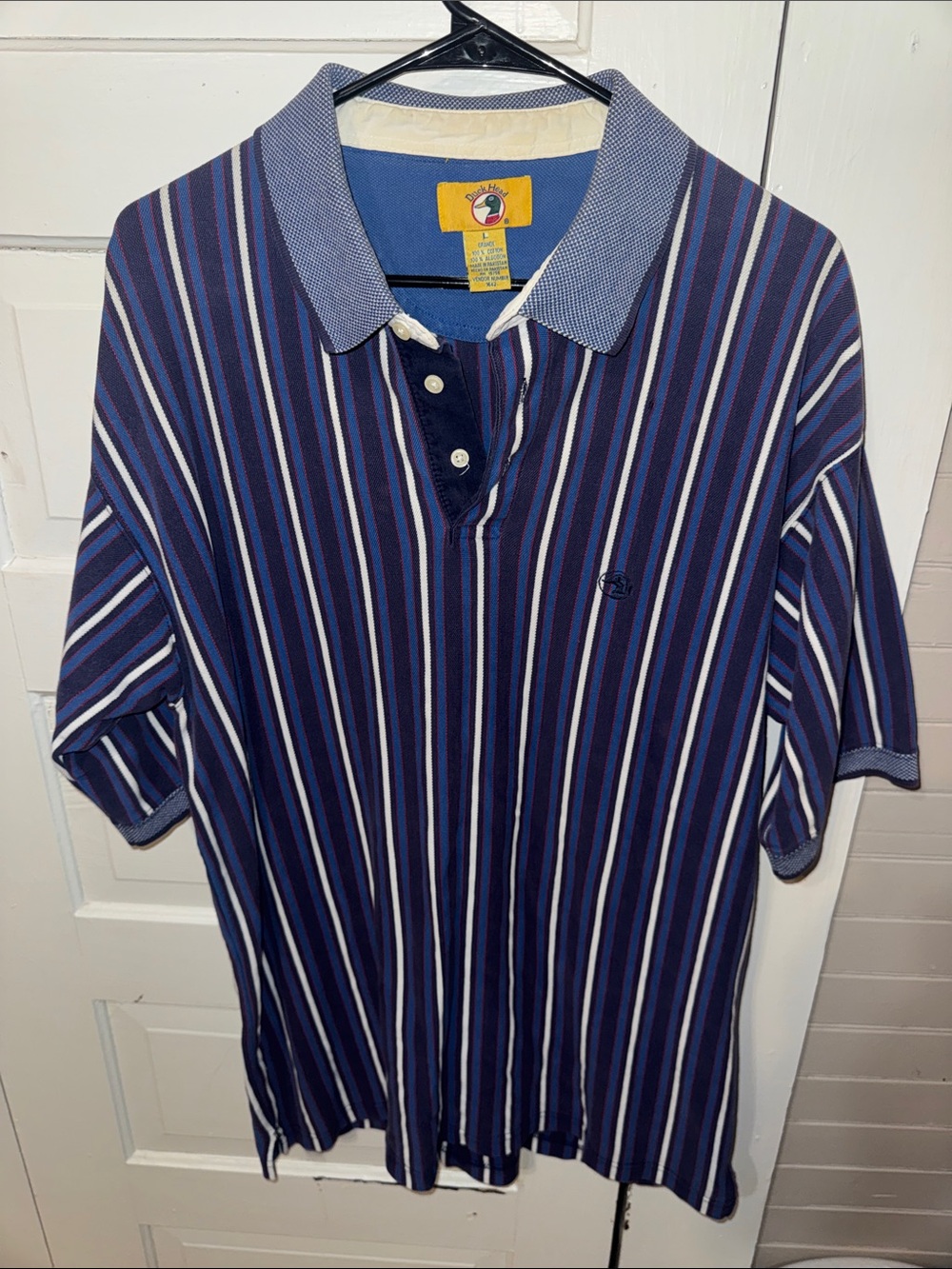 Duck Head Men's Striped Polo - Navy, White, Blue VTG L